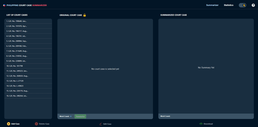 Screenshot of the Philippine Court Case Summarizer project: A web app that summarizes court cases into, Facts, Issues, and, Rulings sections.